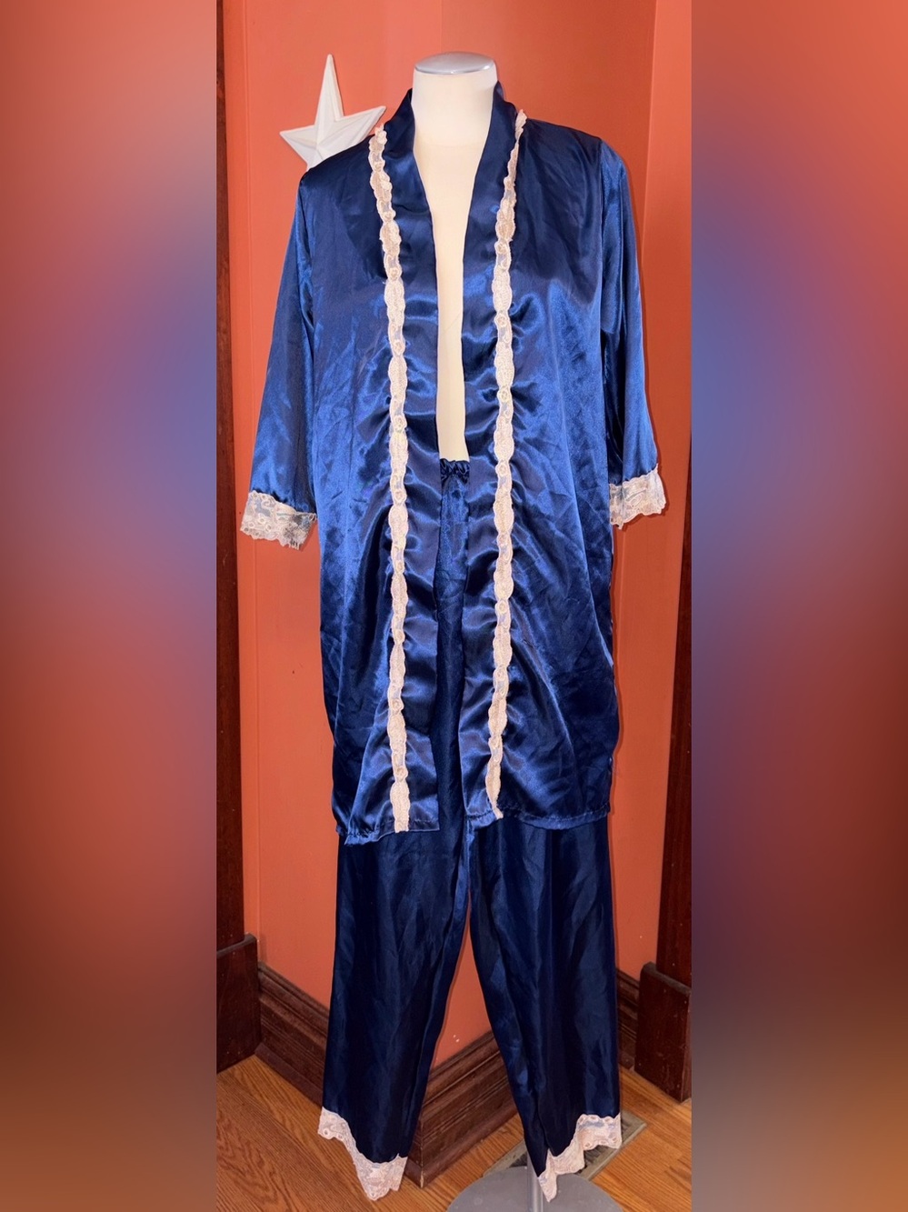 Vintage Blue Satin Lace-Trim Pajama Set